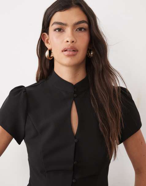 Gina Tricot Top mit Stehkragen und Schlüssellochausschnitt in Schwarz - view 1