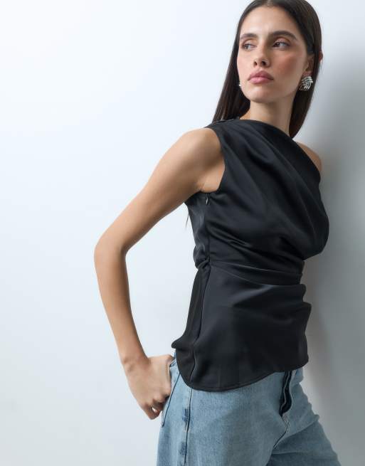 Gina Tricot top monospalla in raso arricciato nero, 2 di 5
