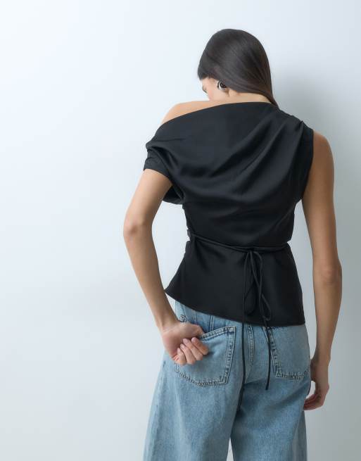 Gina Tricot top monospalla in raso arricciato nero, 4 di 5