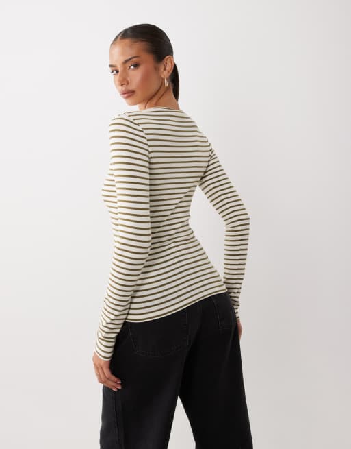 Gina Tricot top morbido a maniche lunghe a righe bianche e verdi, 4 di 4