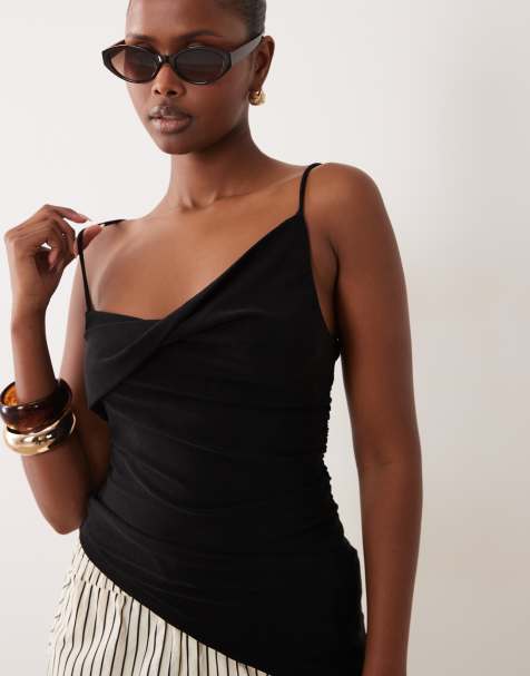 Gina Tricot - Top negro asimétrico fruncido de tirantes - view 1