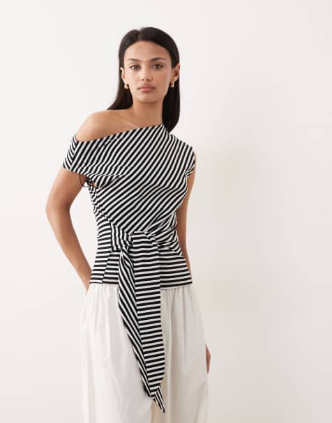Gina Tricot - Top nero a righe con spalle asimmetriche e allacciatura in vita - view 1