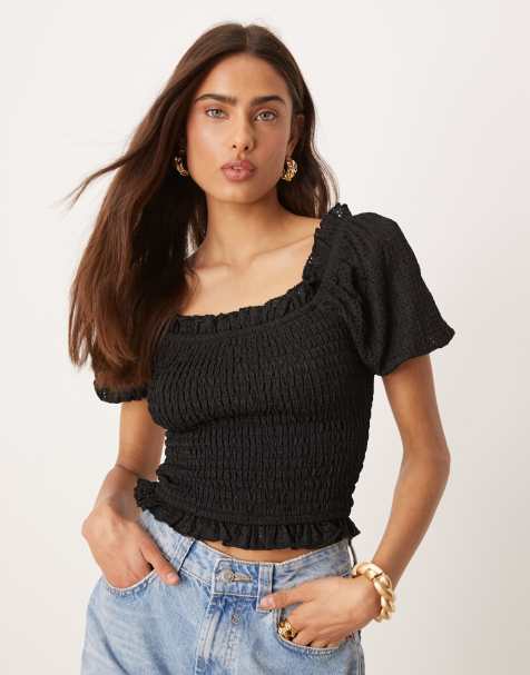 Gina Tricot - Top nero arricciato con maniche a sbuffo e volant - view 1