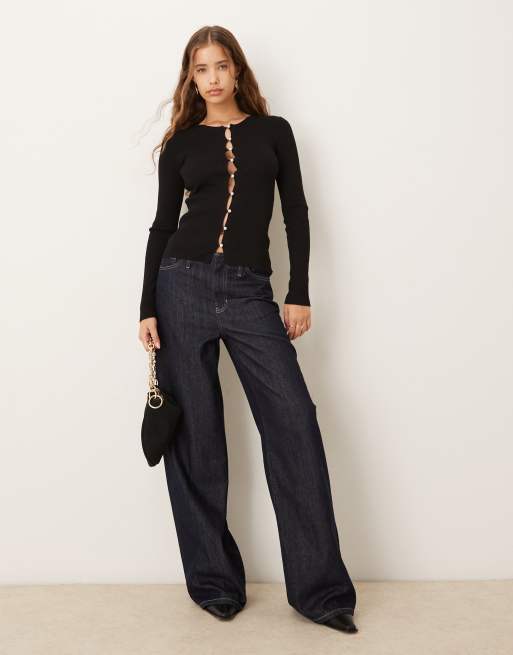 Gina Tricot - Top nero in maglia a coste con maniche lunghe e bottoni, 2 di 4