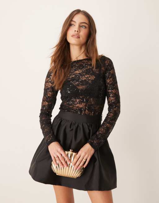 Gina Tricot - Top nero in pizzo con shimmer e scollo a barchetta