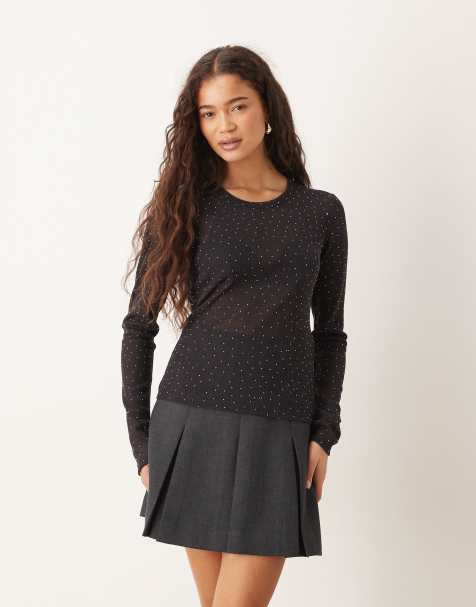 Gina Tricot - Top nero trasparente slim fit a maniche lunghe con strass - view 1