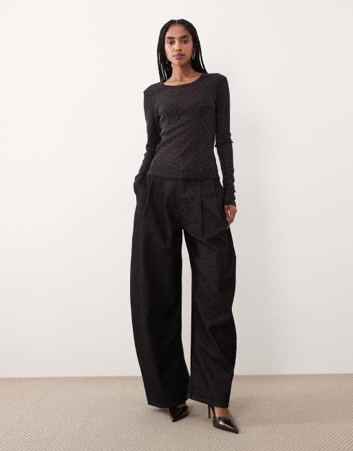 Gina Tricot - Top nero trasparente slim fit a maniche lunghe con strass, 2 di 4