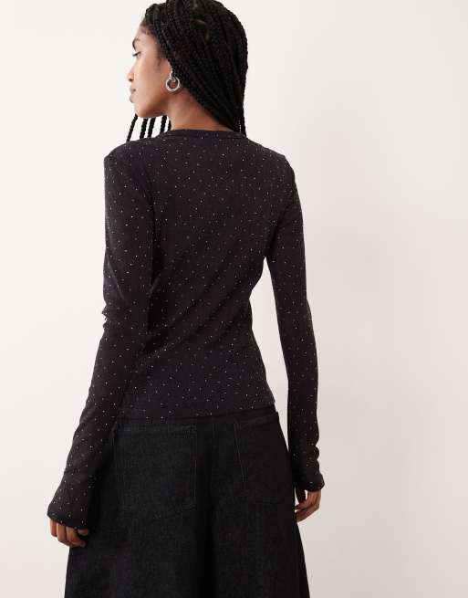 Gina Tricot - Top nero trasparente slim fit a maniche lunghe con strass, 3 di 4