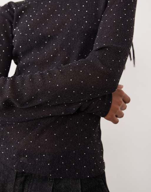 Gina Tricot - Top nero trasparente slim fit a maniche lunghe con strass, 4 di 4