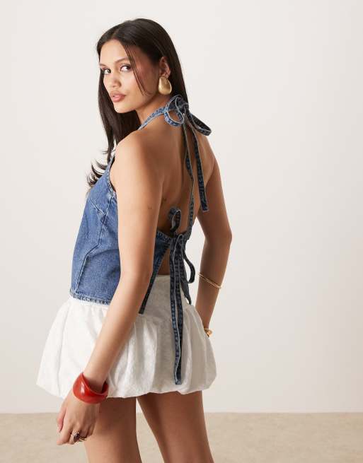 Gina Tricot - Top noué dans le dos en denim avec dos nu - Bleu moyen délavé, 2 de 4
