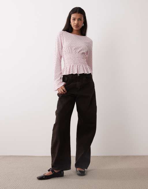 Gina Tricot - Top peplo grembiule a maniche lunghe rosa e bordeaux a pois, 2 di 4