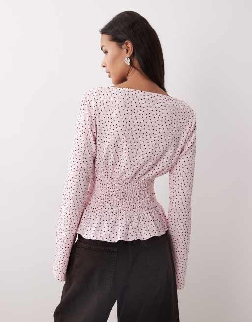 Gina Tricot - Top peplo grembiule a maniche lunghe rosa e bordeaux a pois, 3 di 4