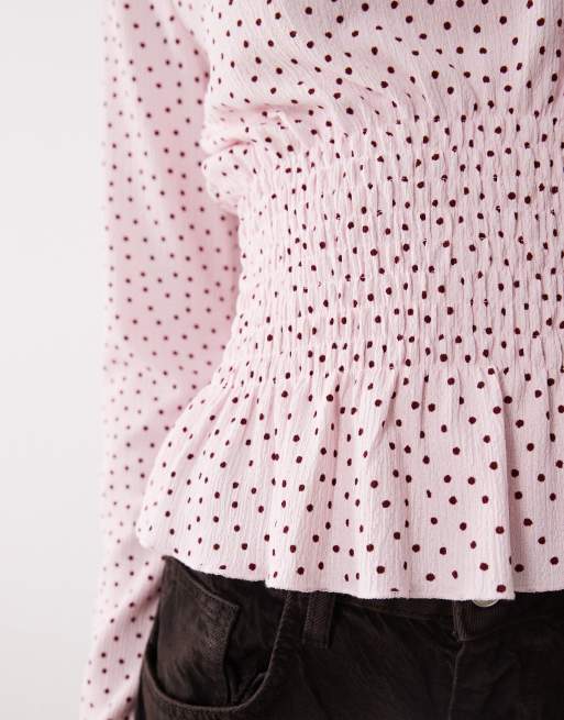 Gina Tricot - Top peplo grembiule a maniche lunghe rosa e bordeaux a pois, 4 di 4