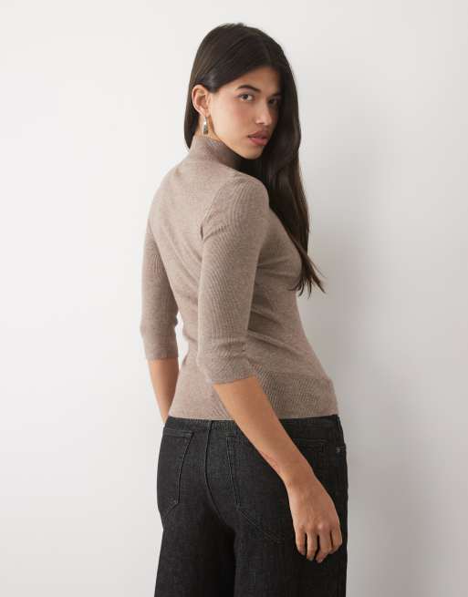 Gina Tricot top polo en maille à col montant, manches trois quarts, marron chiné, 2 de 4