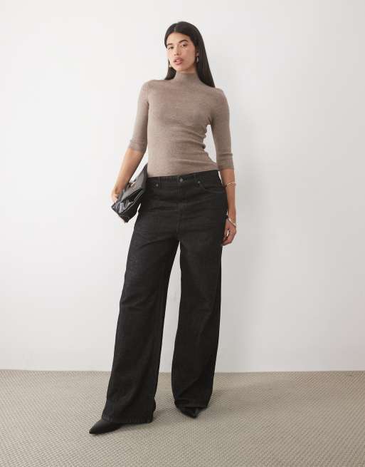 Gina Tricot top polo en maille à col montant, manches trois quarts, marron chiné, 3 de 4