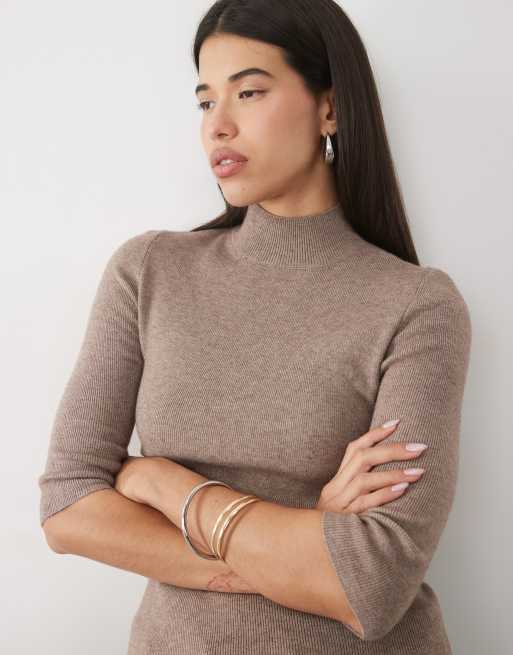 Gina Tricot top polo en maille à col montant, manches trois quarts, marron chiné, 4 de 4