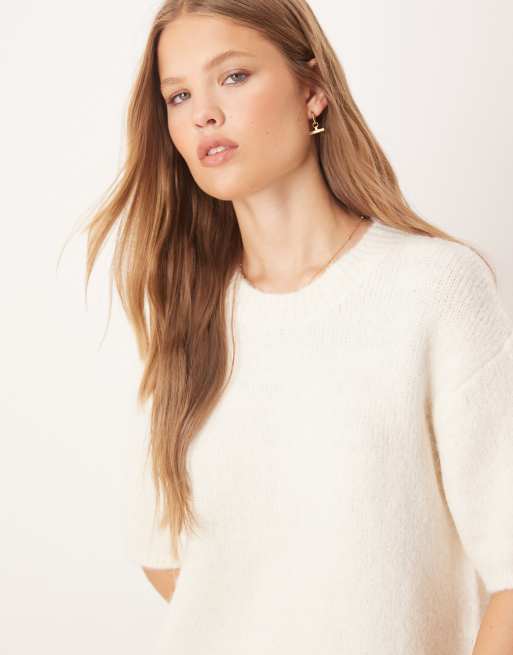 Gina Tricot - Top ras de cou en maille semi-épaisse avec manches courtes - Blanc cassé, 3 de 4