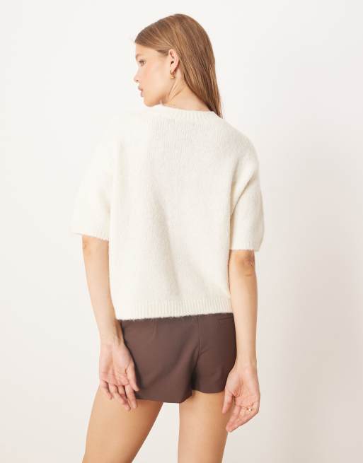 Gina Tricot - Top ras de cou en maille semi-épaisse avec manches courtes - Blanc cassé, 4 de 4