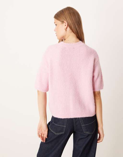 Gina Tricot - Top ras de cou en maille semi-épaisse avec manches courtes - Rose, 4 de 4