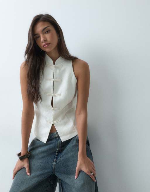 Gina Tricot top sans manches à col mao et boutons, à fleurs crème, 4 de 5