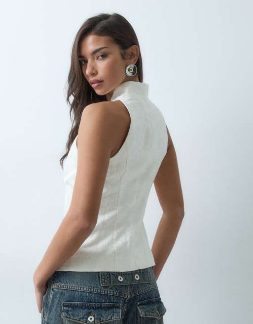 Gina Tricot top sans manches à col mao et boutons, à fleurs crème, 5 de 5