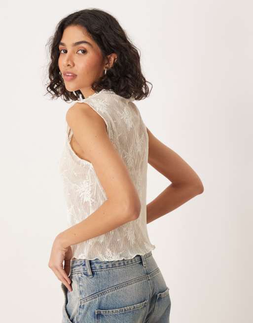 Gina Tricot - Top sans manches en dentelle avec col cheminée - Blanc cassé, 4 de 4