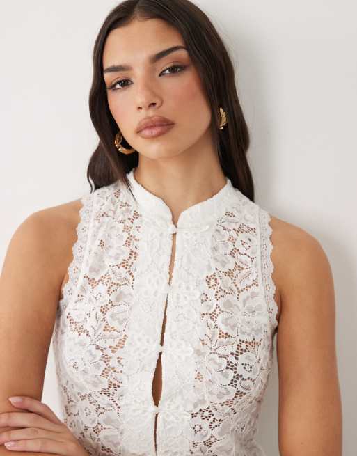Gina Tricot - Top sans manches en dentelle avec liens devant - Blanc cassé, 2 de 4