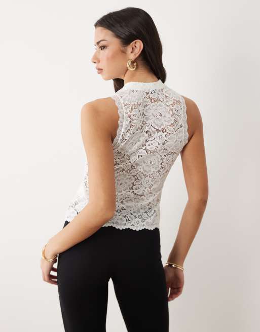 Gina Tricot - Top sans manches en dentelle avec liens devant - Blanc cassé, 4 de 4