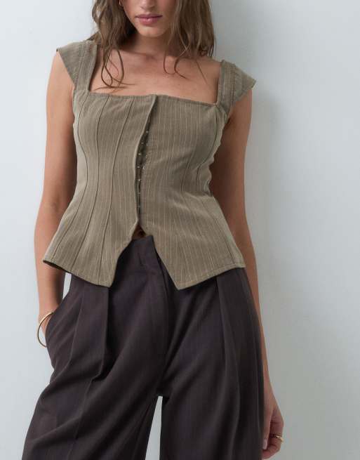 Gina Tricot top sartoriale con scollo squadrato e maniche ad aletta in beige, 5 di 5