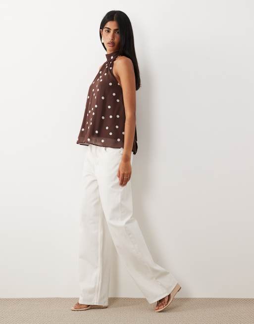Gina Tricot - Top senza maniche allacciato al collo marrone a pois, 2 di 4