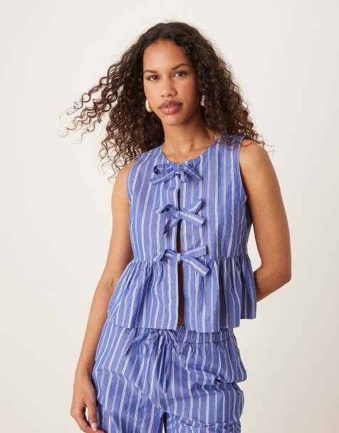 Gina Tricot - Top senza maniche blu a righe con fiocchi frontali in coordinato - view 1