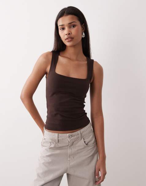 Gina Tricot - Top senza maniche marrone con scollo quadrato - view 1