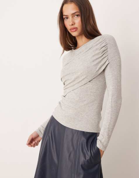 Gina Tricot - Top slim a maniche lunghe grigio mélange con arricciature - view 1