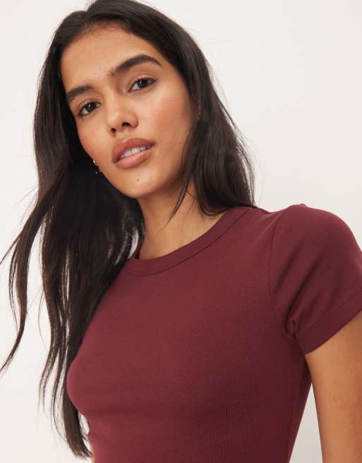 Gina Tricot - Top slim fit a maniche corte bordeaux, 3 di 4