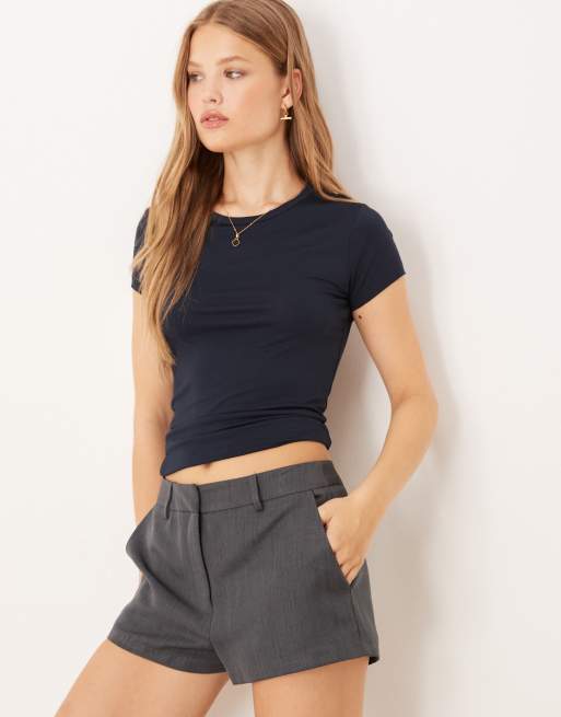 Gina Tricot - Top van zachte jersey met korte mouwen en ronde hals in marineblauw
