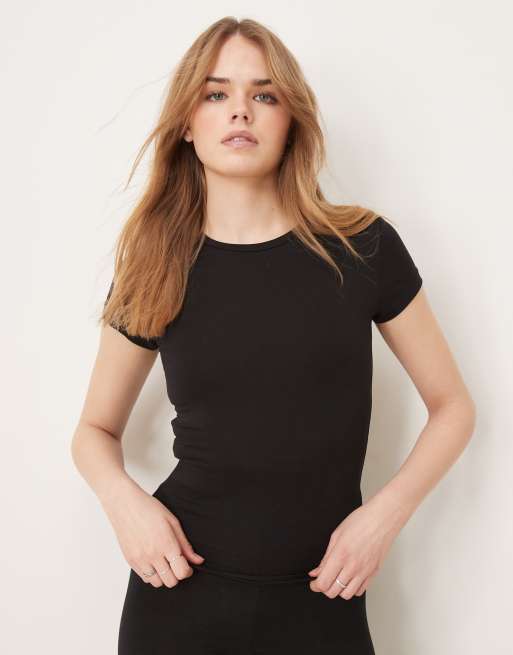 Gina Tricot - Top van zachte jersey met korte mouwen en ronde hals in zwart