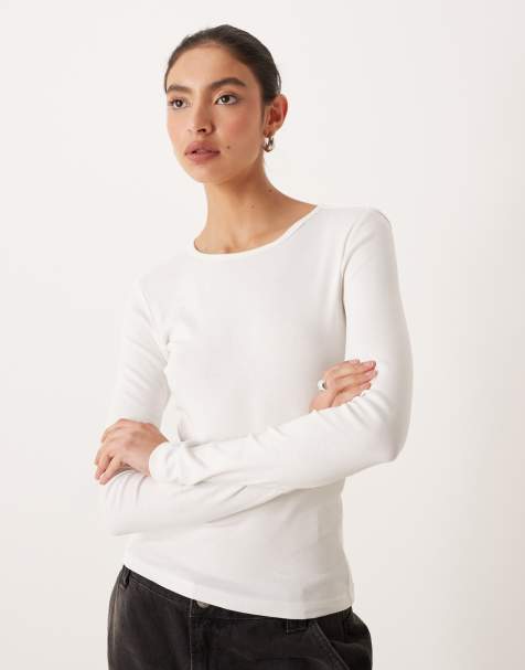 Gina Tricot jersey rib round neck long sleeve top in off white