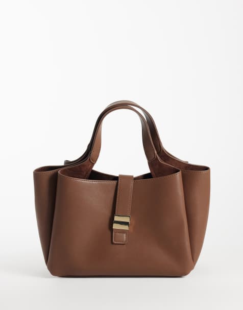 Gina Tricot tote med foldet enkelt hank og spænde-detalje i brun - view 1