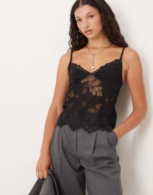 Gina Tricot - Trägerhemd aus Spitze in Schwarz