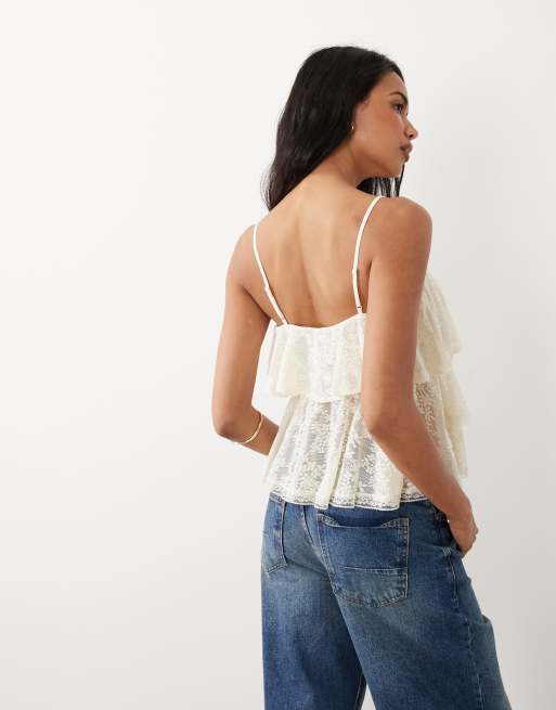 Gina Tricot – Trägertop aus Spitze in Weiß mit Rüschen, 4 von 4