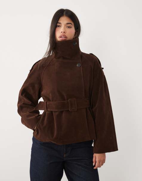 Gina Tricot trench corto de ante sintético con cuello alzado en marrón - view 1