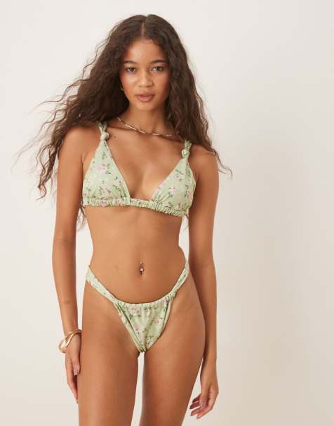 Gina Tricot triangle bikini top with wide straps in green floral print - view 1