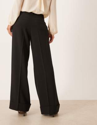 Gina Tricot Turn Up Mid Waist Wide Pants In Black
