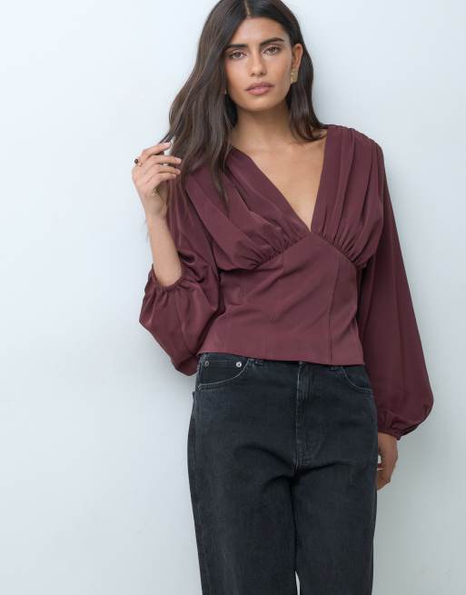 Gina Tricot v-hals corsetbluse i chokoladebrun, 2 af 5