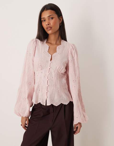 Gina Tricot v-neck broderie blouse in light pink - view 1