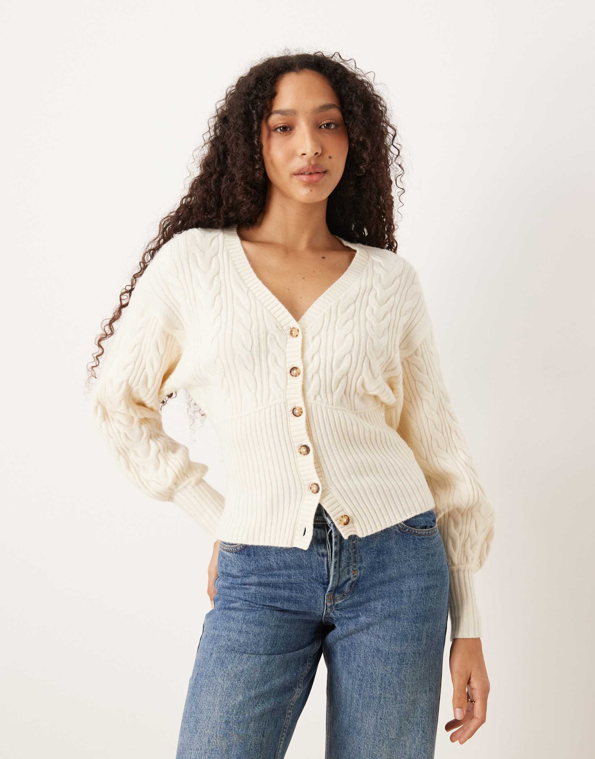 gina tricot v-neck cable knit cardigan in cream