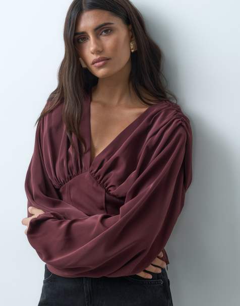 Gina Tricot v neck corset blouse in chocolate brown - view 1