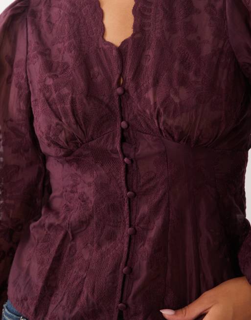 Gina Tricot v neck embroidered blouse in burgundy, 2 of 4