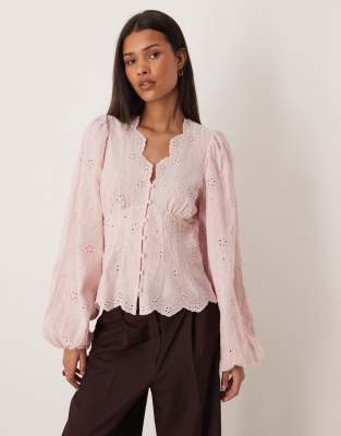 Gina Tricot v-neck eyelet blouse in light pink