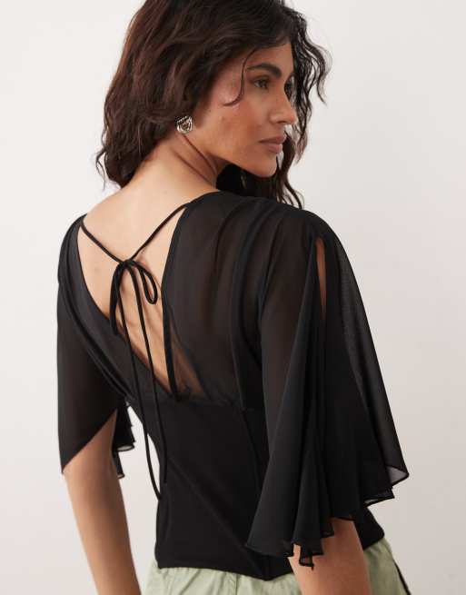 Gina Tricot v neck floaty sleeves corset top in black, 3 of 4